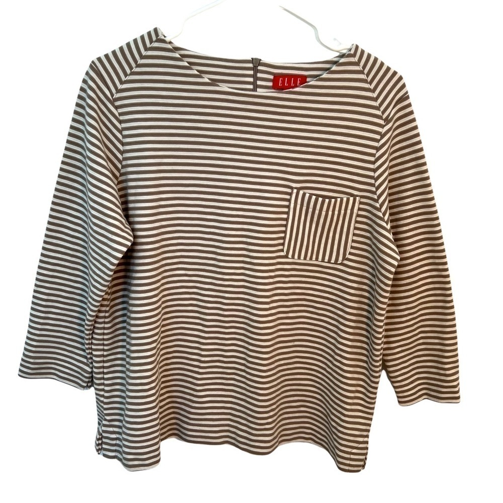 Elle Women's Size Large Boatneck Top Beige White Stripe Ribbed 3/4 Sleeve Pocket
